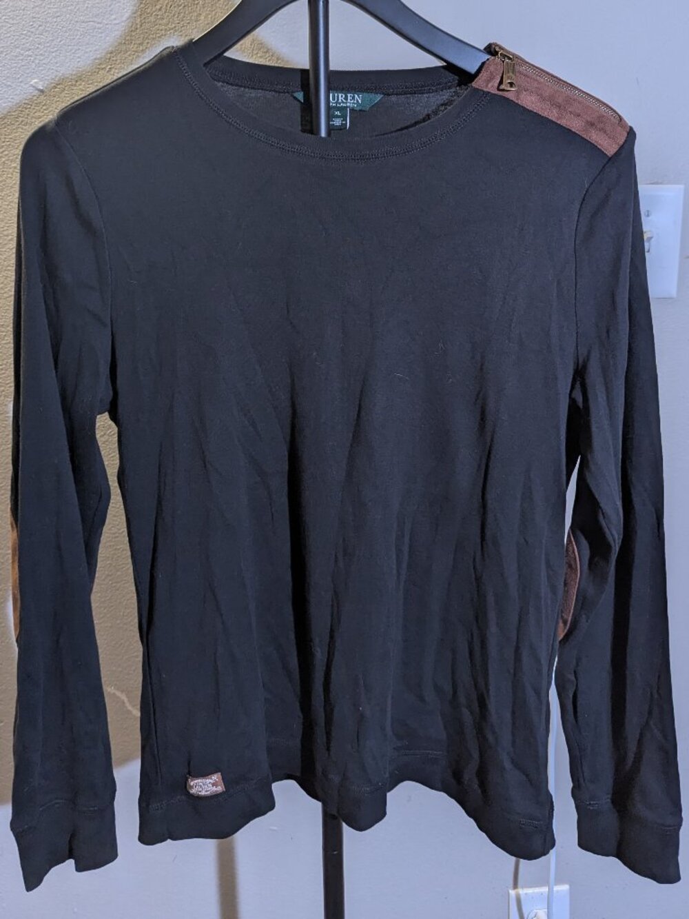Ralph Lauren Black Long Sleeve Top w/ Brown Zipper Shoulder, Brown Elbow Patches